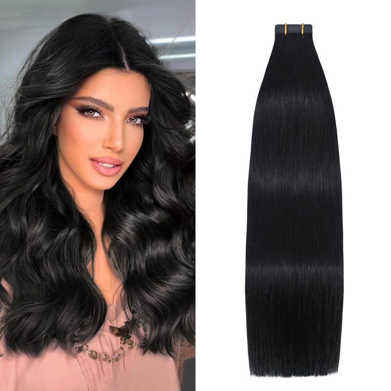 Aison Jet Black Tape in Hair Extensions Human Hair 16 Inch 30G Black Invisible Tape in Extensions for Women 20 Pcs/Package - Image 1